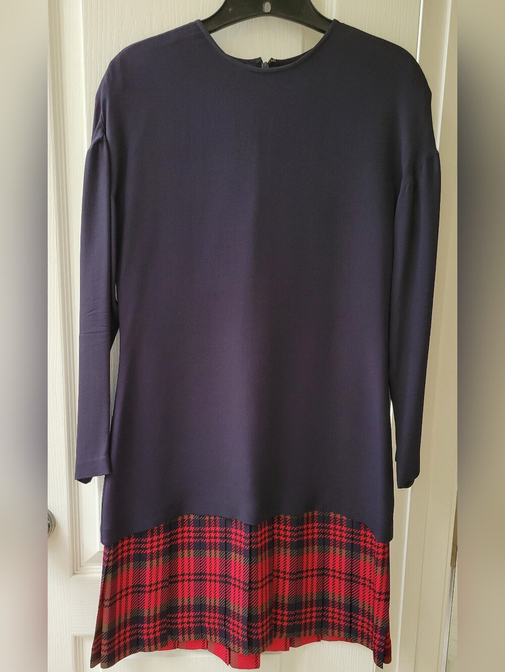 Ellen Tracy Black Silk Dress with Red Plaid Hem